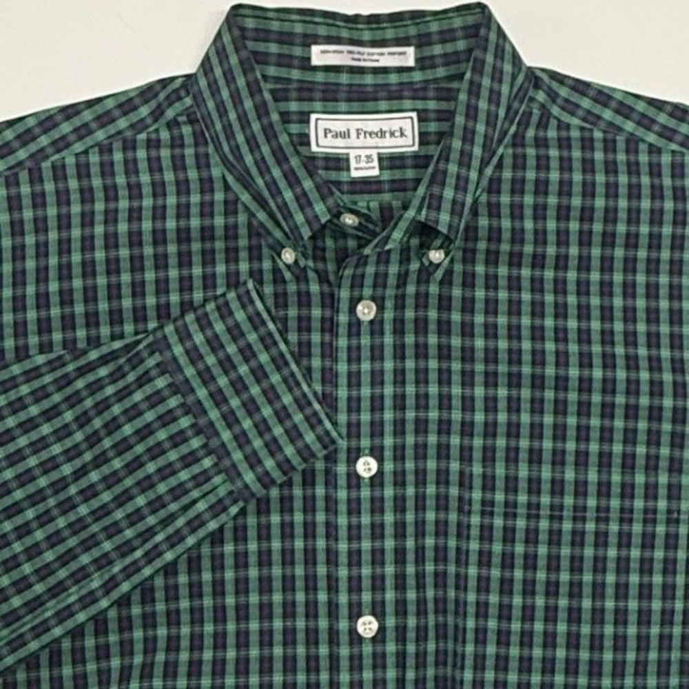 Paul Fredrick Shirt Mens XL‎ 17 Green Plaid Long Sleeve Button Down Non-Iron